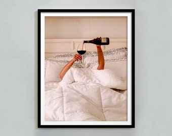 Woman Drinking Wine in Bed Print, Feminist Poster, Alcohol Wall Art, Bar Cart Print, Teen Girl Room Decor, Trendy Wall Art, Digital Download