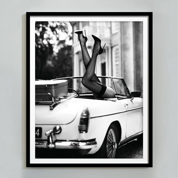 High Heels in Classic Car Poster, Feminist Print, Black and White, Fashion Wall Art, Vintage Photography, Maximalist Decor, Digital Download