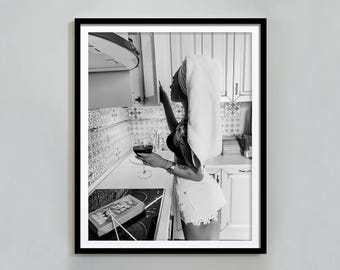 Vintage Kitchen Woman Wine Poster: Black and White Bar Cart Decor (Digital Download)