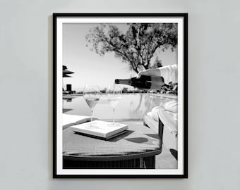Wine in Swimming Pool Print, Bar Cart Wall Art, Black and White Poster, Vintage Photography, Cocktail Print, Alcohol Poster, Trendy Wall Art