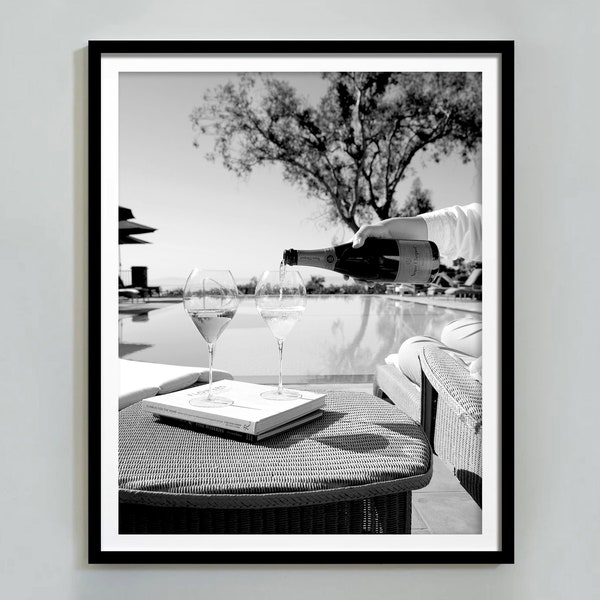 Wine in Swimming Pool Print, Bar Cart Wall Art, Black and White Poster, Vintage Photography, Cocktail Print, Alcohol Poster, Trendy Wall Art