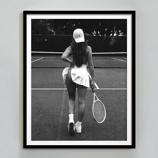 Tennis meisje poster, zwart-wit, vintage foto, grappige kunst aan de muur, feministische print, tiener meisje slaapkamer decor, sport poster, digitale download