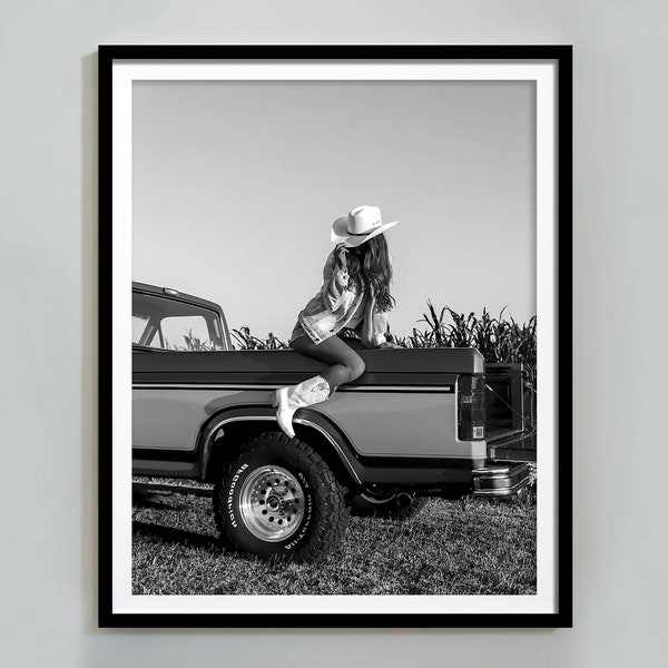 Cowgirl on Classic Car Print, Black and White, Wild West Photo, Feminist Poster, Retro Western Print, Cowgirl Dorm Decor, Digital Download