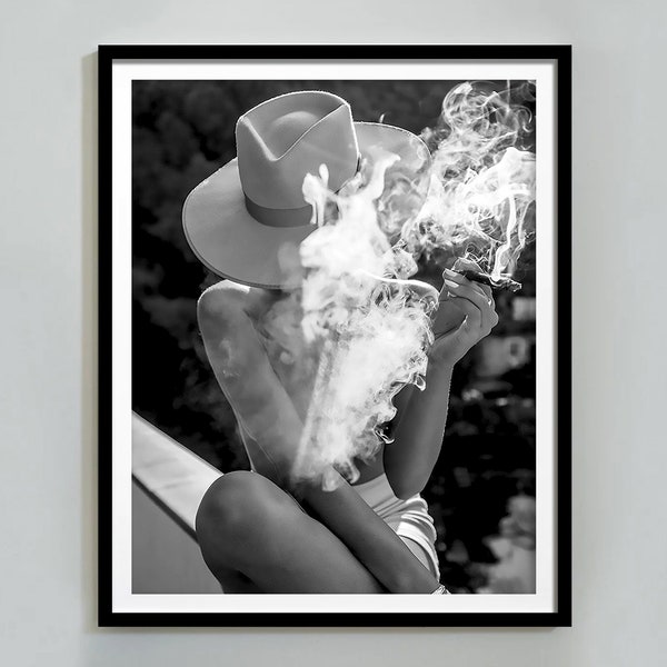 Cowgirl Poster, Woman Smoking Cigar Print, Black and White, Fashion Photography, Feminist Print, Teen Girls Bedroom Decor, Digital Download