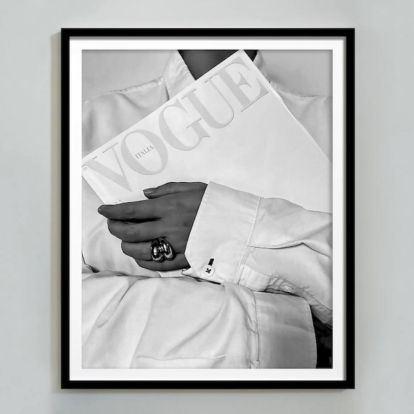 Woman Reading Magazine Print, Black and White, Luxury Fashion Wall Art Poster, Vintage Photography, Digital Download, Hypebeast Room Decor