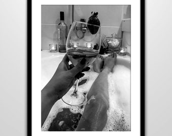 Woman in Bathtub Wine Print: Feminist Black and White Wall Art (Digital Download)