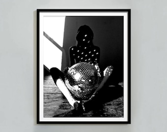 Woman with Disco Ball, Black and White Fashion Print (Digital Download)