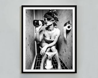 Woman Drinking Wine in Bathroom: Feminist Art Print (Digital Download)