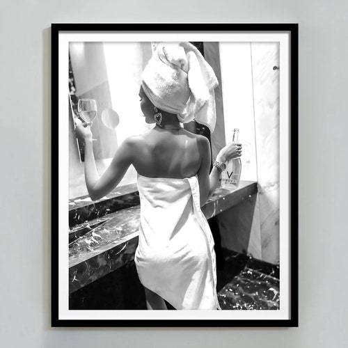Woman Drinking Wine in Bathroom Art Print: Black and White (Digital Download)