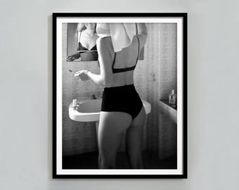 Feminist Bathroom Art Print: Vintage Women in Bathrobe Poster (Digital Download