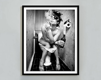 Woman Drinking Wine in Bathroom Art Print: Trendy Black and White Poster (Digital Download)