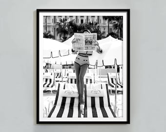 Woman Reading Newspaper Print, Black and White, Beach Photography, Vintage Poster, Luxury Fashion Wall Art, Summer Poster, Digital Download
