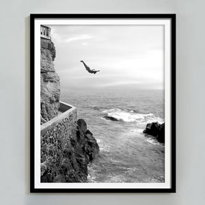 Man Diving in Ocean Print, Black and White, Vintage Photography, Summer Wall Art, Boys Bathroom Decor, Digital Download, Minimalist Wall Art