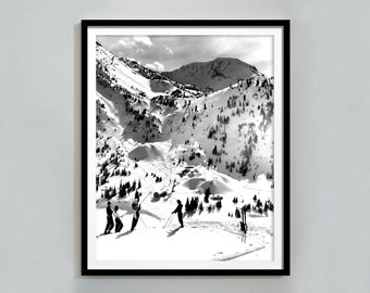Vintage Apres Skiing Poster, Retro Ski Poster, Black and White, Winter Wall Art, Ski Lodge Decor, Digital Download, Snowy Mountain Wall Art