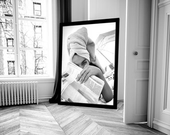 Woman Reading Newspaper Print: Black and White Vintage Photo (Digital Download)