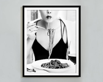 Woman Eating Spaghetti Print: Black & White Vintage Kitchen Art (Digital Download)