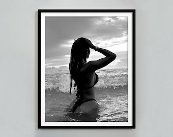 Black and White Bikini Woman Beach Photography Poster (Digital Download)