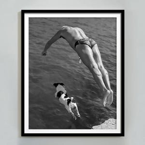 Man and Dog Diving in Water Print, Swimmer Poster, Black and White, Vintage Wall Art, Beach Photography, Bathroom Decor, Digital Download