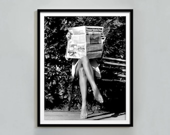 Woman Reading Newspaper Print: Black and White Fashion Photography (Digital Download)