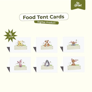 Puede incluir: Un conjunto de nueve tarjetas digitales para comida con ilustraciones de personajes de dibujos animados, incluyendo un oso amarillo, un tigre naranja, un cerdito rosa y un burro gris. Cada tarjeta muestra un letrero de madera con abejas.