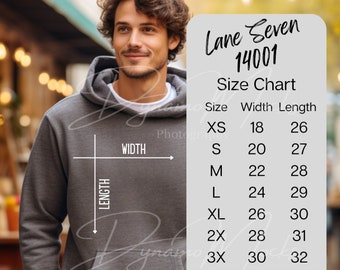 Lane Seven 14001 Size Chart, Gildan Hoodie Size Measurements, LS14001 Mockup, Lane Seven Size Chart Mock