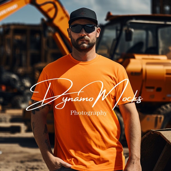 Safety Orange Gildan 500 Mockup | High Viz Performance Shirt Mockup | Trade Mockup | High Visibility Construction Mock Up