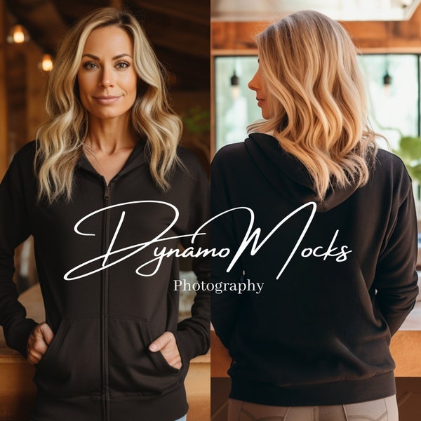 Black Gildan 18600 Mockup | Black Front Back Zip Up Hoodie Mockup | Female Sweatshirt Mock Up | Diverse Women | Full Zipper Hoodie Mocks