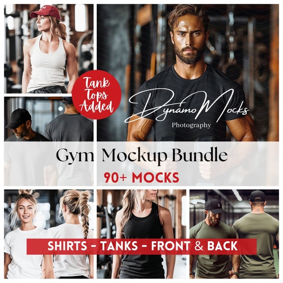Gym Shirt Mockup Bundle, Bella Canvas 3001 Mockup, Men Women Front and Back Mockup, Black White Athletic Heather Red Dark Heather 3001 Mocks