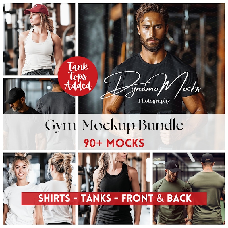 May include: A mockup bundle of 90+ gym shirts and tank tops for men and women. The bundle includes front and back views of the shirts and tanks. The image shows a variety of poses and styles, including a person lifting weights, a person standing with their arms crossed, and a person holding a dumbbell.