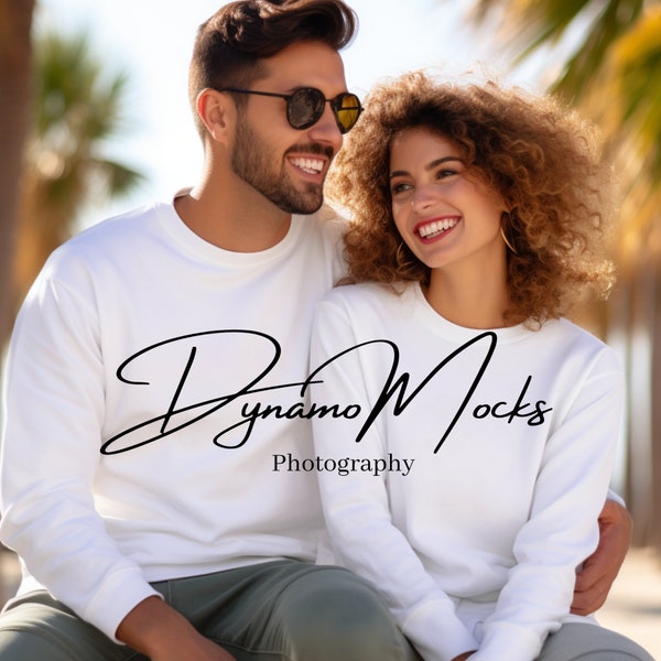 Couples Mockup | His Hers Crewneck Sweatshirts | White Gildan 18000 Crew Mockup | Honeymoon Wedding Anniversary