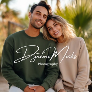 Couples Mockup | His Hers Crewneck Sweatshirts | Forest Green Sand Gildan 18000 Crew Mockup | Honeymoon Wedding Anniversary