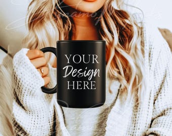 Mug Mockup, 15oz Ceramic Black Mug Mockup, Coffee Cup Mockup, Trendy Boho Aesthetic Minimalist, Ceramic Mug Mockup