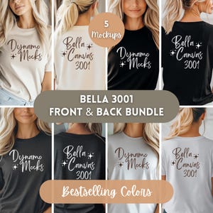 以下が含まれることがあります： 異なる色の Bella 3001 Tシャツのモックアップが 5 つあります。Tシャツはモデルに着用され、前面と背面の両方で表示されています。Tシャツには「Bella Canvas 3001」と「Dynamo Mocks」のテキストが印刷されています。