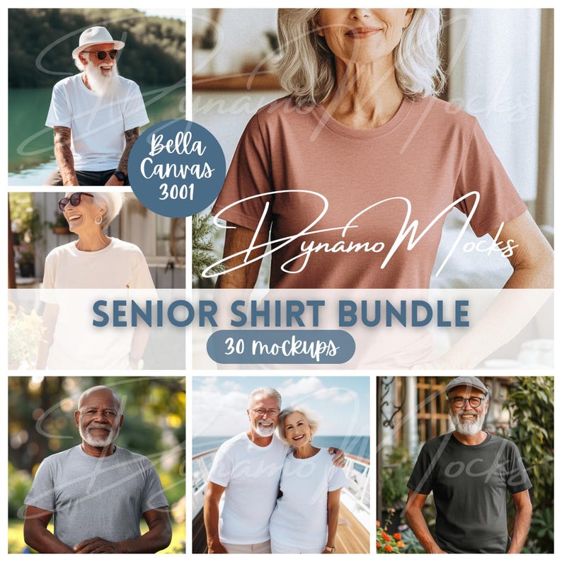 May include: A bundle of 30 senior shirt mockups featuring various people wearing different colored shirts. The mockups are perfect for showcasing designs for t-shirts, sweatshirts, and other apparel.
