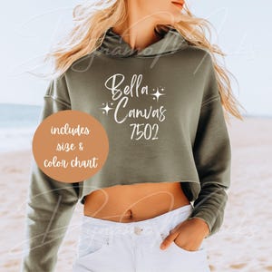 Bella Canvas 7502 Mockup, Military Green Crop Fleece Hoodie Mockup, Cropped Sweatshirt Mockup, Beach Mockup, Bella 7502 Size Chart