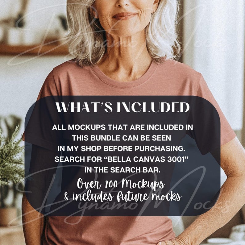 May include: A woman wearing a pink t-shirt with the text "WHAT'S INCLUDED" in a black box. The text below reads "ALL MOCKUPS THAT ARE INCLUDED IN THIS BUNDLE CAN BE SEEN IN MY SHOP BEFORE PURCHASING. SEARCH FOR "BELLA CANVAS 3001" IN THE SEARCH BAR. Over 100 Mockups & includes future mocks"