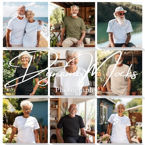 May include: A collage of nine images featuring people wearing various t-shirts. The images show a variety of people, ages, and backgrounds, all wearing plain t-shirts. The images are set in a variety of locations, including a park, a beach, and a home.