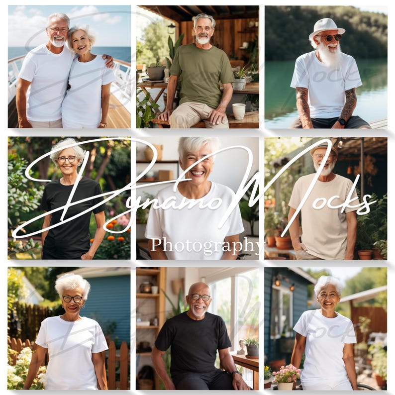 May include: A collage of nine images featuring people wearing various t-shirts. The images show a variety of people, ages, and backgrounds, all wearing plain t-shirts. The images are set in a variety of locations, including a park, a beach, and a home.