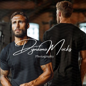 May include: Two men wearing black t-shirts. The front view shows a man with a beard and tattoos, while the back view shows another man. The text "Dynamo Mocks Photography" is written in a cursive font across the shirts.