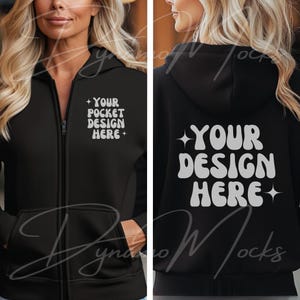 Black Gildan 18600 Mockup | Black Front Back Zip Up Hoodie Mockup | Female Sweatshirt Mock Up | Diverse Women | Full Zipper Hoodie Mocks