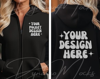 Black Gildan 18600 Mockup | Black Front Back Zip Up Hoodie Mockup | Female Sweatshirt Mock Up | Diverse Women | Full Zipper Hoodie Mocks