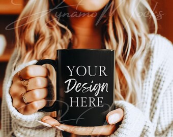 Black Mug Mockup, Coffee Cup Mock, 11oz Black Mug Mocks, Trendy Boho Aesthetic Minimalist, Cream Sweater Female Woman Mug Mock