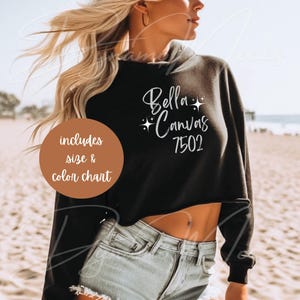Bella Canvas 7502 Mockup, Black Crop Fleece Hoodie Mockup, Cropped Sweatshirt Mockup, Beach Mockup, Bella 7502 Size Chart