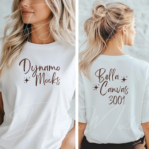 以下が含まれることがあります： 白いTシャツのモックアップで、前面に「Dynamo Mocks」、背面に「Bella Canvas 3001」のテキストが書かれています。