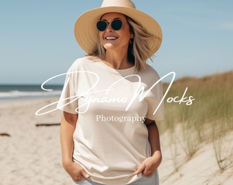 Ivory Comfort Colors Mockup | Womens Shirt Beach Mock | Trendy Aesthetic Older Female | Ivory 1717 Tshirt | Outdoor Summer Mocks