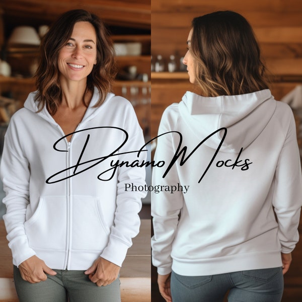 White Gildan 18600 Mockup | White Front Back Zip Up Hoodie Mockup | Female Sweatshirt Mock Up | Diverse Women | Full Zipper Hoodie Mocks