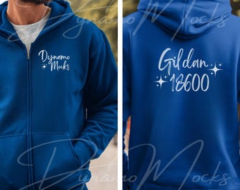 Gildan 18600 Mockup, Royal Front Back Zip Up Hoodie Mockup, Male Sweatshirt Mockup, Royal Gildan 18600 Back, Full Zipper Hoodie Mockup