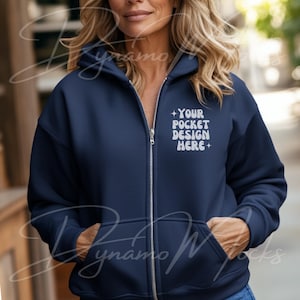 Navy Gildan 18600 Mockup | Navy Zip Up Hoodie Mockup | Female Sweatshirt Mock Up | Diverse Women | Full Zipper Hoodie Mocks