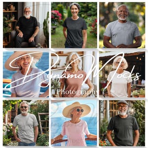 May include: A collage of nine images featuring people wearing plain t-shirts in various colors, including black, white, gray, blue, and pink. The images are set against a variety of backgrounds, including a garden, a window, and a boat.