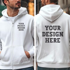White Gildan 18600 Mockup | White Front Back Zip Up Hoodie Mockup | Male Sweatshirt Mock Up | Gildan 18600 Back | Full Zipper Hoodie Mocks